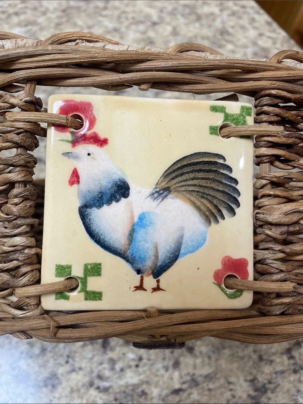 Vintage Woven Wicker Basket With Rooster Ceramic Tiles. Made in Philippines GUC